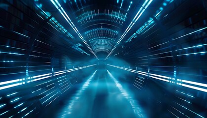 Obraz premium Abstract tunnel, corridor with rays of light and new highlights. Abstract blue background, neon. Scene with rays and lines, Round arch, light in motion, night view