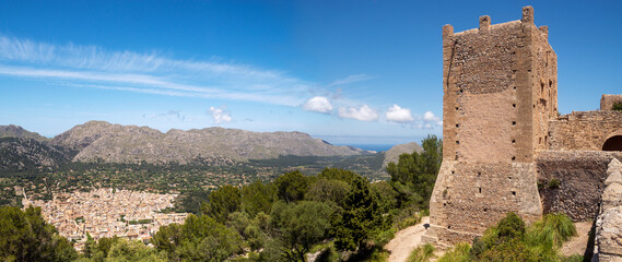 Panoramic view of Pollensa historic town from Puig de Maria sanctuary, Pollensa, Majorca, Balearic...