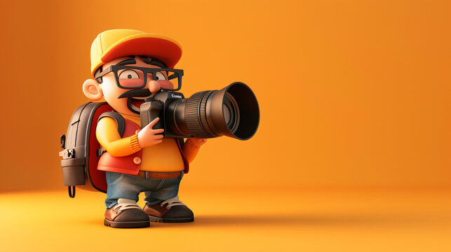3D Photographer: The photographer cartoon mascot, equipped with a camera and a creative eye, embodies the artistry and passion of photography. With a focused gaze and steady hand, this 3D character.
