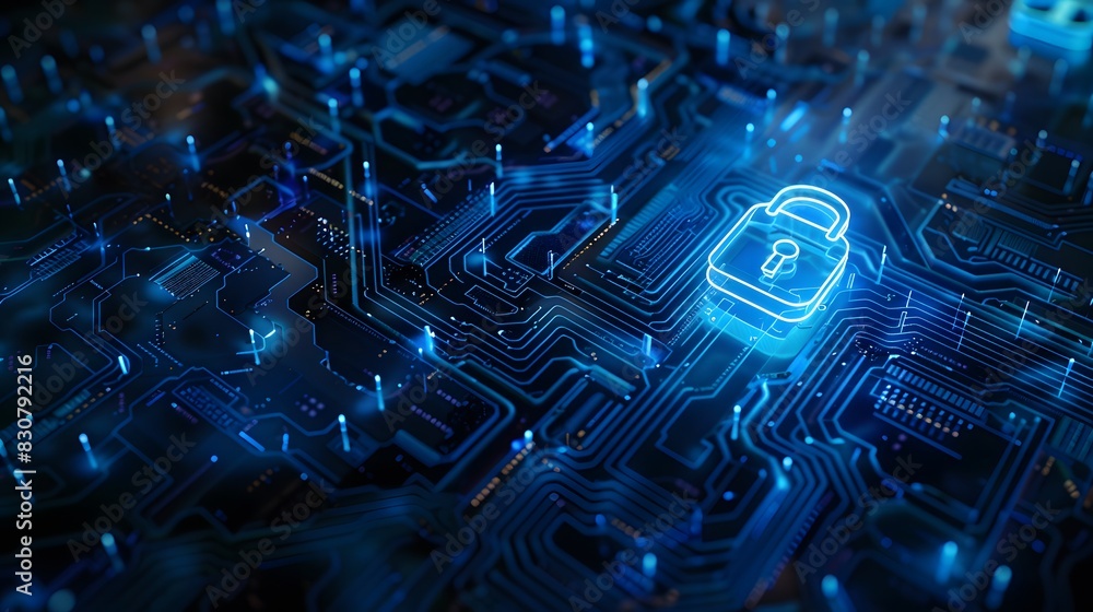 Poster a closeup of an electronic circuit board with glowing padlock icon, symbolizing the concept of digit