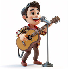 Obraz premium 3D Musician:The cartoon musician mascot, dressed in trendy attire and sporting stylish accessories, embodies the energy and passion of music. Holding a guitar in one hand and a microphone in the other