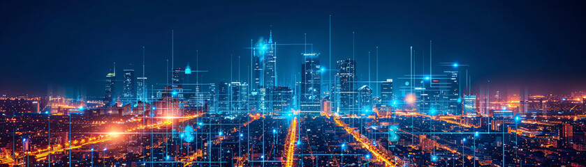 Fototapeta premium Tech-driven urban development with free area for text