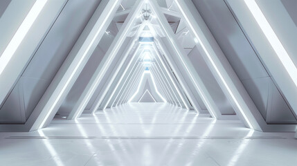  modern futuristic hallway with a large white wall, in the style of angular, repetitive, photobashing, shaped canvas, light-filled, dark white, aluminum