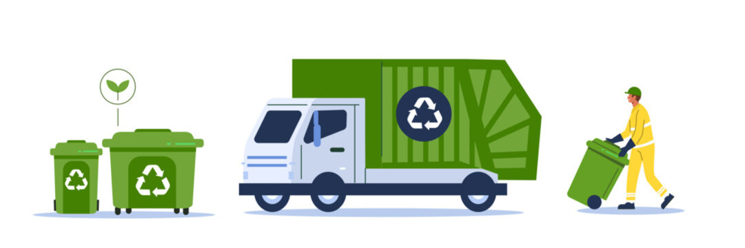 Trash utility, disposal and recycling concept set. Waste collector worker, recycling trash bin and garbage truck collection. Vector illustration. 
