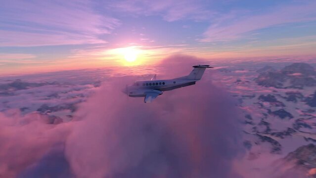 Airplane flying trough the clouds in the sky