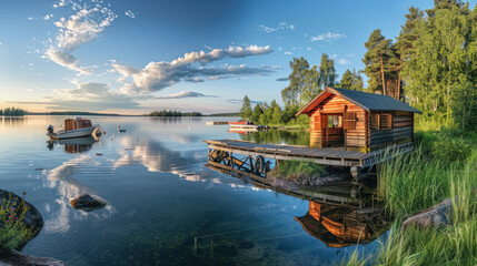 Obraz premium High-angle view of Aulanko Observation Tower in summer, with the Finnish flag atop, overlooking the picturesque landscape of lakes and verdant forests.