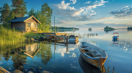 Obraz premium High-angle view of Aulanko Observation Tower in summer, with the Finnish flag atop, overlooking the picturesque landscape of lakes and verdant forests.