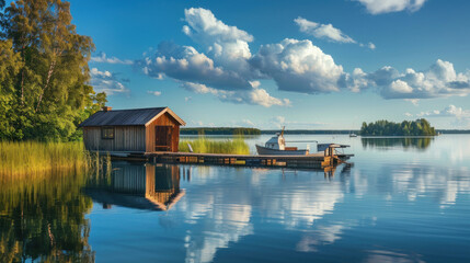 High-angle view of Aulanko Observation Tower in summer, with the Finnish flag atop, overlooking the picturesque landscape of lakes and verdant forests.