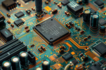 Central processor  CPU and ram on circuit board. Computer hardware