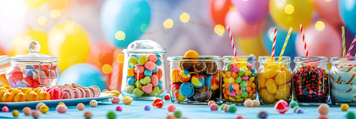Candy buffet with jars of colorful sweets,
Multicolored candies in glass candy jars
