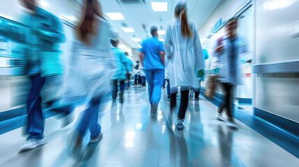 Doctors and medical staff walk down in hospital, Busy corridor in medical clinic with motion blur effect