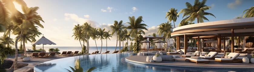 Fototapeta premium AImanaged luxury resort, 3D pool and lounge under sunshine, ultimate relaxation experience 8K , high-resolution, ultra HD,up32K HD