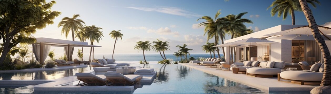 AImanaged luxury resort, 3D pool and lounge under sunshine, ultimate relaxation experience 8K , high-resolution, ultra HD,up32K HD