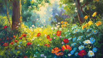 Painting of a colorful flower field with a beautiful mountain backdrop has a peaceful and serene atmosphere