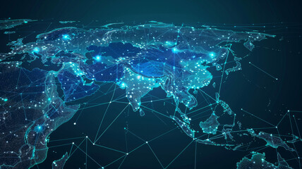 Fototapeta premium Asia map depicting global connectivity, data transfer, business exchange, and tech advancement. Concept Global Connectivity