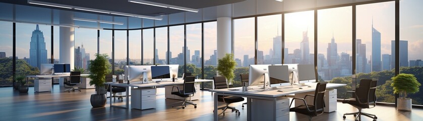 Fototapeta premium 3D render of contemporary finance office, open floor plan, comfortable desks, sleek furniture, large windows, corporate meeting room 8K , high-resolution, ultra HD,up32K HD