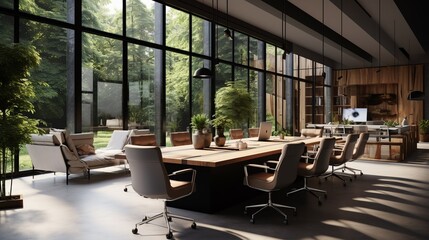 Fototapeta premium 3D of finance companys indoor meeting room, contemporary furniture, open floor design, comfortable desks, large windows, professional atmosphere 8K , high-resolution, ultra HD,up32K HD