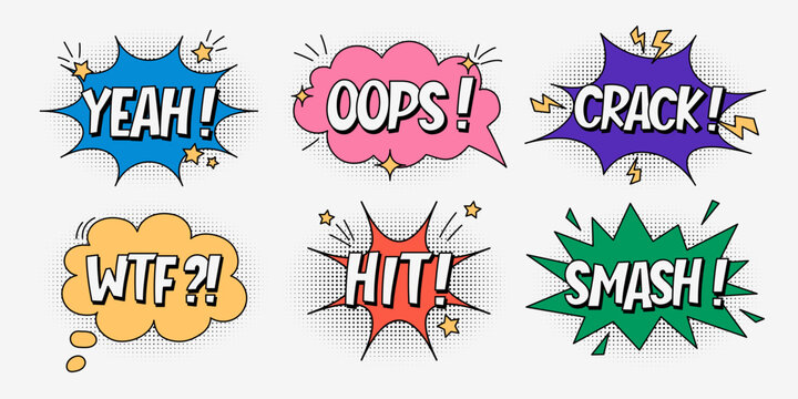 A set of multi-colored speech bubbles with expressive inscriptions, clouds and explosions in a comic style on a white background. Retro banner in pop art style with halftone shadows, doodle elements. 