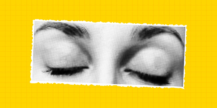 Halftone collage of eyes on a bright yellow checkered background, cut from a magazine. Vector retro pop art PNG element, grunge, closed eyes.