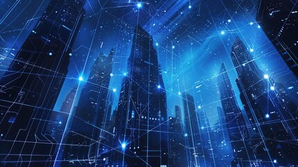 Obraz premium Smart city view in futuristic blue color with virtual network connections