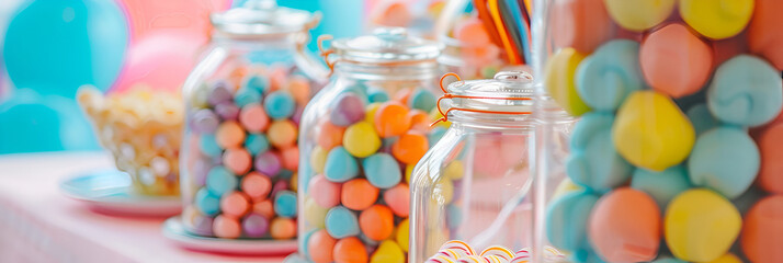 Candy buffet with jars of colorful sweets,
A variety of candy bags are on a table with one that says'candy'on it
