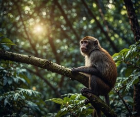 Fototapeta premium Monkey animal sitting on a branch in the natural green forest