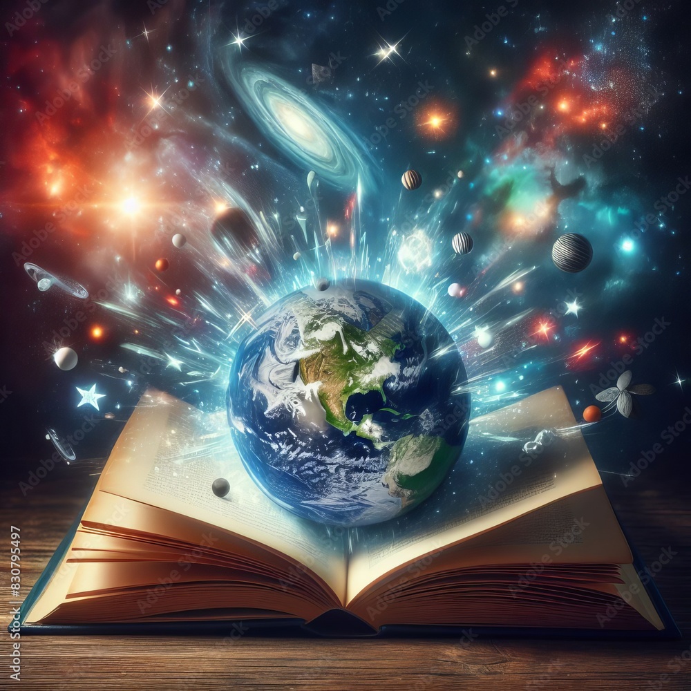 Poster a vibrant composition showing a book with the earth and cosmic elements bursting out against a starr