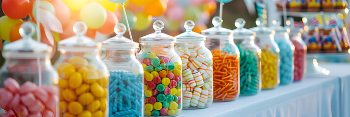 Candy buffet with jars of colorful sweets,
Colorful candies in jars on shelf
