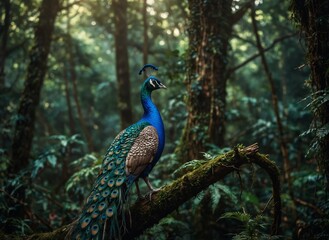 Obraz premium A peacock bird sitting on a branch in the natural green forest