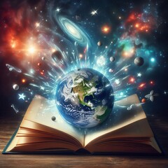 A vibrant composition showing a book with the Earth and cosmic elements bursting out against a starry sky backdrop, depicting unlimited imagination and knowledge.. AI Generation