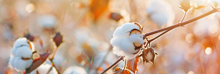 Closeup of a cotton plant with cotton balls ,
Closeup of a beautiful organic cotton flowers in a field with sun light on a blurred background
