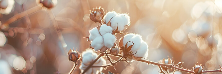 Closeup of a cotton plant with cotton balls ,
Cotton fields wallpaper Cotton background Gentle colors Realism Horizontal format
