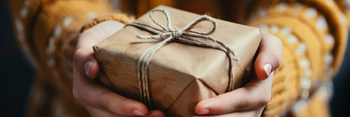 Closeup of hands displaying a beautifully wrapped,
Female hands holding gift box, copy space. Christmas, hew year, birthday, valentines day concept.
