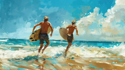 Two male surfers sprinting towards the sea, each carrying their surfboard, ready to catch the waves on a sunny day, capturing the excitement of their surfing adventure.