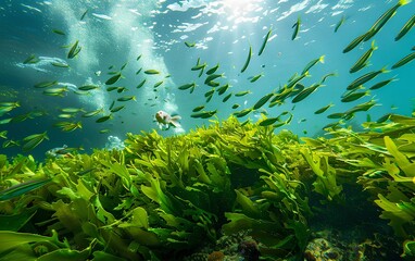 
Green seaweed with fish, very beautiful natural underwater sea view in the Atlantic ocean, Spain, Galicia, Rias Baixas