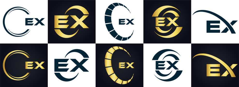 EX logo. E X design. White EX letter. EX, E X letter logo design. E X letter logo design in FIVE, FOUR, THREE, style. letter logo set in one artboard. E X letter logo vector design.