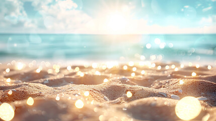 Pure relaxation on a sun-kissed beach with tranquil skies and captivating bokeh lights,