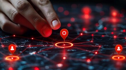 Close-up shot of a hand touching a digital map with red navigation pointers and network connections, symbolizing global communication and technology.