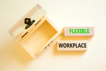 Flexible workplace symbol. Concept words Flexible workplace on beautiful wooden block. Beautiful...