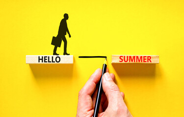Hello summer symbol. Concept words Hello summer on beautiful wooden block. Businessman icon....