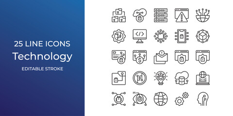 Technology icon set vector design editable stroke. server, data cloud, folders secure and more © Recreativeind