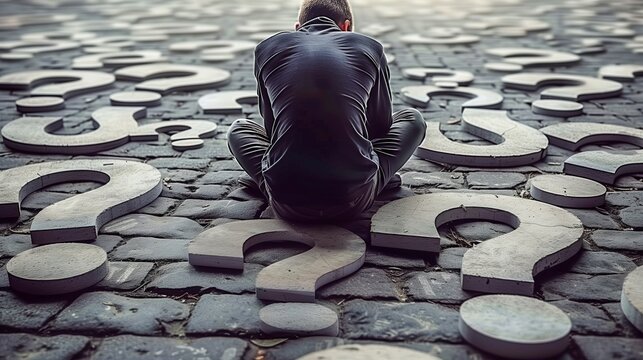 Man sitting on a cobblestone street surrounded by large concrete question marks