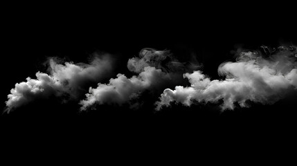 Fog or smoke set isolated on black background. White cloudiness, mist or smog background White clouds isolated on black background, clouds set on black, Generative AI