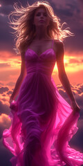 A woman in a pink dress is standing in front of a sunset