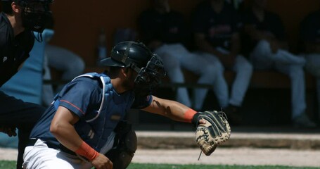 Super slow motion close up of baseball player catches ball during competition game match on baseball stadium. - Powered by Adobe