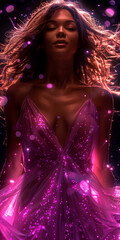 A woman in a pink dress is surrounded by sparkles