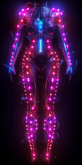 A woman's body is lit up with neon lights, creating a futuristic