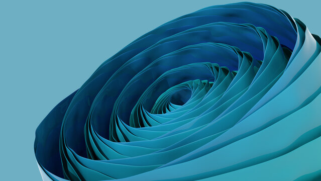 Abstract background blue green with fabric or paper roll. 3D illustration. Radial curved edges with gradient texture. Flower pattern banner.