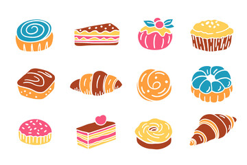 Sweet French Bakery Dessert Set Cakes Doodle Icons