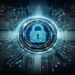 Obraz premium Advanced cybersecurity concept featuring a digital lock on a circuit background, representing secure data protection technologies.. AI Generation